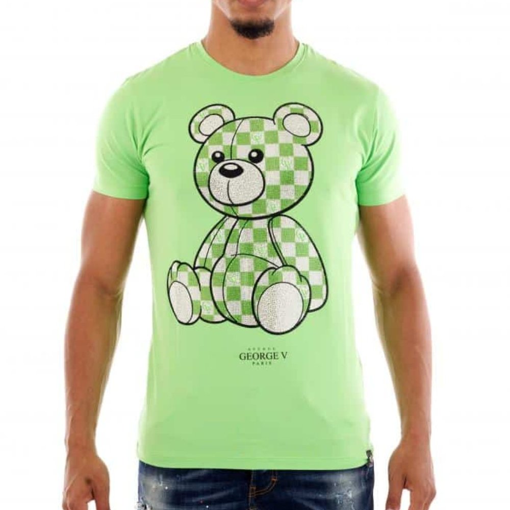 Avenue George V Paris T-Shirt Teddy Bear Men's Green Shirt Rhinestone L, XL NWT